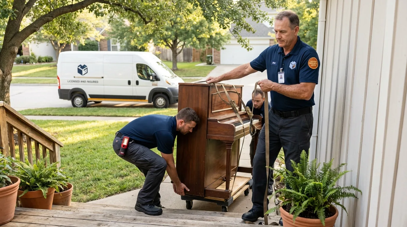Licensed piano movers securing grand piano in Olathe, CO