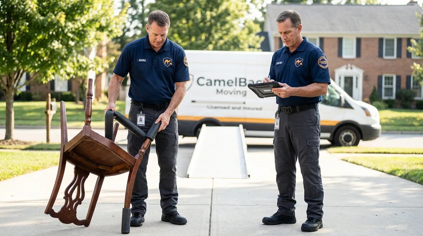 Movers inspecting furniture for damage prevention before loading in Olathe, CO